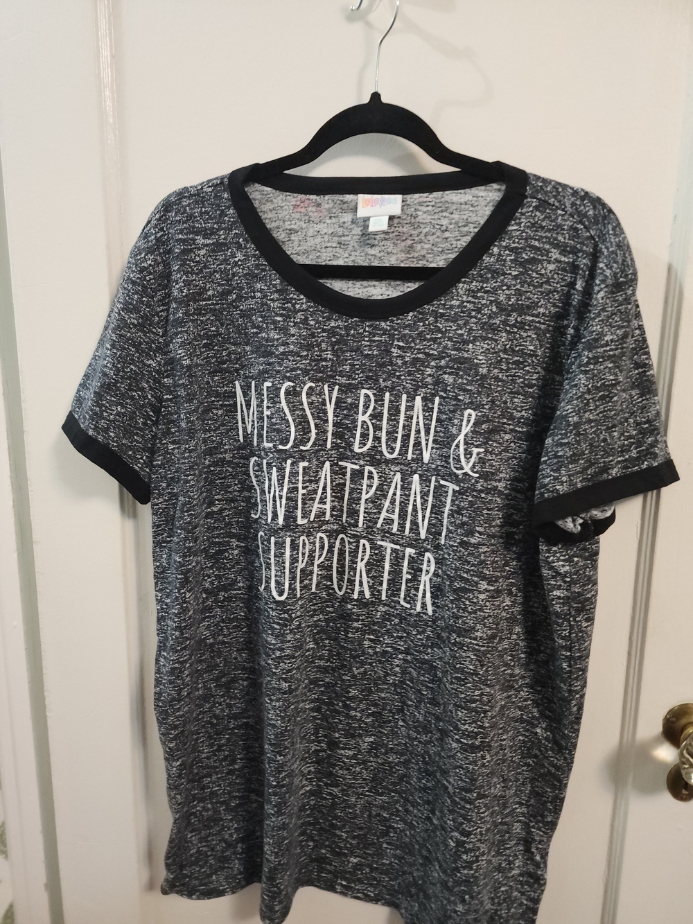 LuLaRoe Black Heather Knit Top with Rainbow Logo